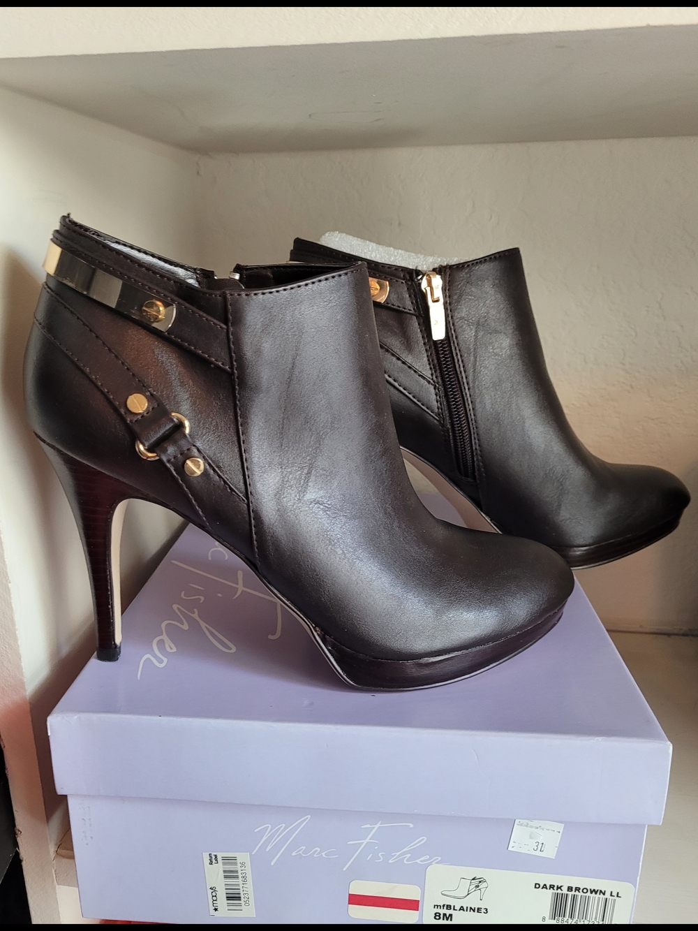 Marc Fisher Dark Brown Leather Heeled Ankle Boots with Gold Accents